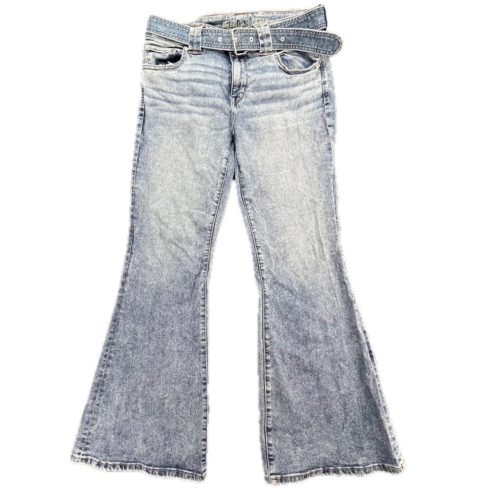 American Eagle Womens Jeans Low Rise Flare Belted Blue Denim Size 14